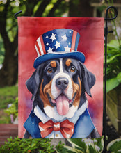 Load image into Gallery viewer, Greater Swiss Mountain Dog Patriotic American Garden Flag – Dog in Uncle Sam Hat | Red, White &amp; Blue Outdoor Decor