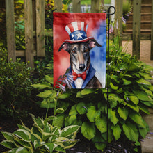 Load image into Gallery viewer, Greyhound Patriotic American Garden Flag – Dog in Uncle Sam Hat | Red, White &amp; Blue Outdoor Decor