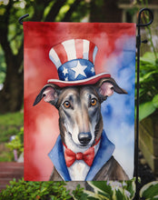 Load image into Gallery viewer, Greyhound Patriotic American Garden Flag – Dog in Uncle Sam Hat | Red, White &amp; Blue Outdoor Decor