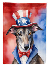 Load image into Gallery viewer, Greyhound Patriotic American Garden Flag – Dog in Uncle Sam Hat | Red, White &amp; Blue Outdoor Decor