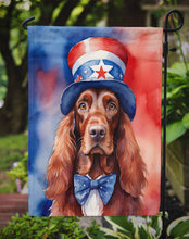 Load image into Gallery viewer, Irish Setter Patriotic American Garden Flag – Dog in Uncle Sam Hat | Red, White &amp; Blue Outdoor Decor