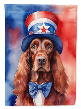 Load image into Gallery viewer, Irish Setter Patriotic American Garden Flag – Dog in Uncle Sam Hat | Red, White &amp; Blue Outdoor Decor