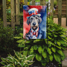 Load image into Gallery viewer, Irish Wolfhound Patriotic American Garden Flag – Dog in Uncle Sam Hat | Red, White &amp; Blue Outdoor Decor