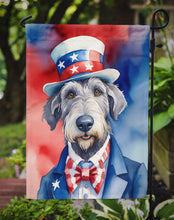 Load image into Gallery viewer, Irish Wolfhound Patriotic American Garden Flag – Dog in Uncle Sam Hat | Red, White &amp; Blue Outdoor Decor