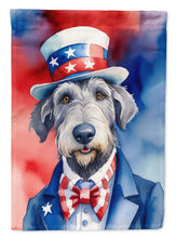 Load image into Gallery viewer, Irish Wolfhound Patriotic American Garden Flag – Dog in Uncle Sam Hat | Red, White &amp; Blue Outdoor Decor