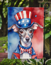 Load image into Gallery viewer, Italian Greyhound Patriotic American Garden Flag – Dog in Uncle Sam Hat | Red, White &amp; Blue Outdoor Decor