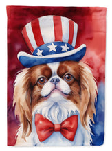 Load image into Gallery viewer, Japanese Chin Patriotic American Garden Flag – Dog in Uncle Sam Hat | Red, White &amp; Blue Outdoor Decor