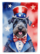 Load image into Gallery viewer, Kerry Blue Terrier Patriotic American Garden Flag – Dog in Uncle Sam Hat | Red, White &amp; Blue Outdoor Decor