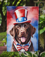 Load image into Gallery viewer, Labrador Retriever Patriotic American Garden Flag – Dog in Uncle Sam Hat | Red, White &amp; Blue Outdoor Decor