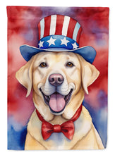 Load image into Gallery viewer, Labrador Retriever Patriotic American Garden Flag – Dog in Uncle Sam Hat | Red, White &amp; Blue Outdoor Decor