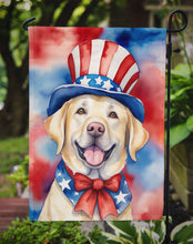 Load image into Gallery viewer, Labrador Retriever Patriotic American Garden Flag – Dog in Uncle Sam Hat | Red, White &amp; Blue Outdoor Decor