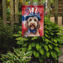 Load image into Gallery viewer, Labradoodle Patriotic American Garden Flag – Dog in Uncle Sam Hat | Red, White &amp; Blue Outdoor Decor