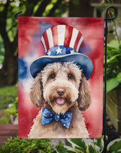 Load image into Gallery viewer, Labradoodle Patriotic American Garden Flag – Dog in Uncle Sam Hat | Red, White &amp; Blue Outdoor Decor