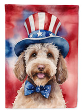 Load image into Gallery viewer, Labradoodle Patriotic American Garden Flag – Dog in Uncle Sam Hat | Red, White &amp; Blue Outdoor Decor