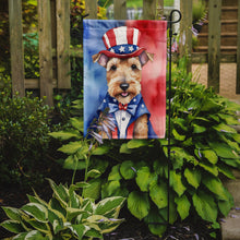 Load image into Gallery viewer, Lakeland Terrier Patriotic American Garden Flag – Dog in Uncle Sam Hat | Red, White &amp; Blue Outdoor Decor