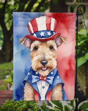 Load image into Gallery viewer, Lakeland Terrier Patriotic American Garden Flag – Dog in Uncle Sam Hat | Red, White &amp; Blue Outdoor Decor