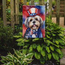 Load image into Gallery viewer, Lhasa Apso Patriotic American Garden Flag – Dog in Uncle Sam Hat | Red, White &amp; Blue Outdoor Decor