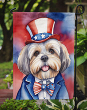 Load image into Gallery viewer, Lhasa Apso Patriotic American Garden Flag – Dog in Uncle Sam Hat | Red, White &amp; Blue Outdoor Decor