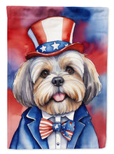 Load image into Gallery viewer, Lhasa Apso Patriotic American Garden Flag – Dog in Uncle Sam Hat | Red, White &amp; Blue Outdoor Decor