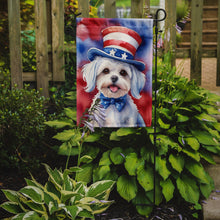 Load image into Gallery viewer, Maltese Patriotic American Garden Flag – Dog in Uncle Sam Hat | Red, White &amp; Blue Outdoor Decor