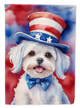 Load image into Gallery viewer, Maltese Patriotic American Garden Flag – Dog in Uncle Sam Hat | Red, White &amp; Blue Outdoor Decor