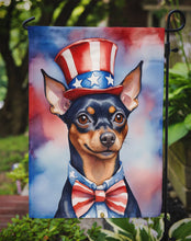 Load image into Gallery viewer, Miniature Pinscher Patriotic American Garden Flag – Dog in Uncle Sam Hat | Red, White &amp; Blue Outdoor Decor