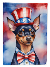 Load image into Gallery viewer, Miniature Pinscher Patriotic American Garden Flag – Dog in Uncle Sam Hat | Red, White &amp; Blue Outdoor Decor