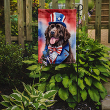 Load image into Gallery viewer, Newfoundland Patriotic American Garden Flag – Dog in Uncle Sam Hat | Red, White &amp; Blue Outdoor Decor