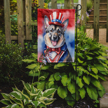 Load image into Gallery viewer, Norwegian Elkhound Patriotic American Garden Flag – Dog in Uncle Sam Hat | Red, White &amp; Blue Outdoor Decor