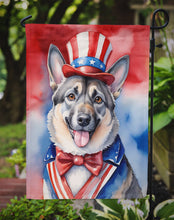 Load image into Gallery viewer, Norwegian Elkhound Patriotic American Garden Flag – Dog in Uncle Sam Hat | Red, White &amp; Blue Outdoor Decor