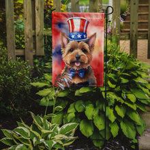 Load image into Gallery viewer, Norwich Terrier Patriotic American Garden Flag – Dog in Uncle Sam Hat | Red, White &amp; Blue Outdoor Decor