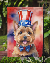 Load image into Gallery viewer, Norwich Terrier Patriotic American Garden Flag – Dog in Uncle Sam Hat | Red, White &amp; Blue Outdoor Decor
