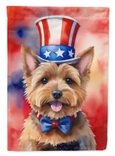Load image into Gallery viewer, Norwich Terrier Patriotic American Garden Flag – Dog in Uncle Sam Hat | Red, White &amp; Blue Outdoor Decor
