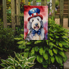 Load image into Gallery viewer, Old English Sheepdog Patriotic American Garden Flag – Dog in Uncle Sam Hat | Red, White &amp; Blue Outdoor Decor