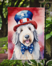 Load image into Gallery viewer, Old English Sheepdog Patriotic American Garden Flag – Dog in Uncle Sam Hat | Red, White &amp; Blue Outdoor Decor