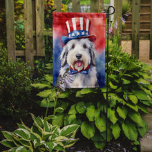 Load image into Gallery viewer, Old English Sheepdog Patriotic American Garden Flag – Dog in Uncle Sam Hat | Red, White &amp; Blue Outdoor Decor