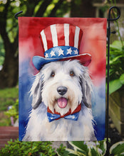 Load image into Gallery viewer, Old English Sheepdog Patriotic American Garden Flag – Dog in Uncle Sam Hat | Red, White &amp; Blue Outdoor Decor