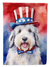 Load image into Gallery viewer, Old English Sheepdog Patriotic American Garden Flag – Dog in Uncle Sam Hat | Red, White &amp; Blue Outdoor Decor