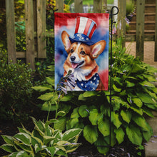 Load image into Gallery viewer, Corgi Patriotic American Garden Flag – Dog in Uncle Sam Hat | Red, White &amp; Blue Outdoor Decor