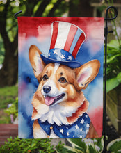 Load image into Gallery viewer, Corgi Patriotic American Garden Flag – Dog in Uncle Sam Hat | Red, White &amp; Blue Outdoor Decor