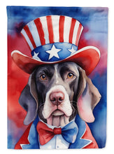 Load image into Gallery viewer, Pointer Patriotic American Garden Flag – Dog in Uncle Sam Hat | Red, White &amp; Blue Outdoor Decor