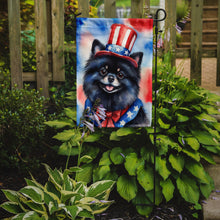 Load image into Gallery viewer, Pomeranian Patriotic American Garden Flag – Dog in Uncle Sam Hat | Red, White &amp; Blue Outdoor Decor