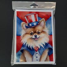 Load image into Gallery viewer, Pomeranian Patriotic American Greeting Cards - Blank Note Cards – 8-Pack of Artist-Designed Cards with Envelopes