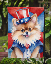 Load image into Gallery viewer, Pomeranian Patriotic American Garden Flag – Dog in Uncle Sam Hat | Red, White &amp; Blue Outdoor Decor
