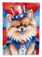 Load image into Gallery viewer, Pomeranian Patriotic American Garden Flag – Dog in Uncle Sam Hat | Red, White &amp; Blue Outdoor Decor