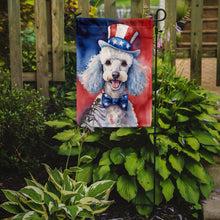 Load image into Gallery viewer, White Poodle Patriotic American Garden Flag – Dog in Uncle Sam Hat | Red, White &amp; Blue Outdoor Decor