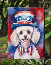 Load image into Gallery viewer, White Poodle Patriotic American Garden Flag – Dog in Uncle Sam Hat | Red, White &amp; Blue Outdoor Decor