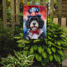 Load image into Gallery viewer, Portuguese Water Dog Patriotic American Garden Flag – Dog in Uncle Sam Hat | Red, White &amp; Blue Outdoor Decor