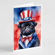 Load image into Gallery viewer, Pug Patriotic American Greeting Cards - Blank Note Cards – 8-Pack of Artist-Designed Cards with Envelopes