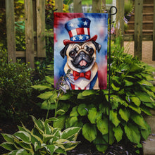 Load image into Gallery viewer, Pug Patriotic American Garden Flag – Dog in Uncle Sam Hat | Red, White &amp; Blue Outdoor Decor